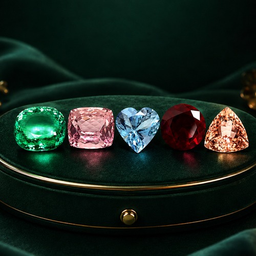 Emerald, pink sapphire, aquamarine, ruby and morganite gemstones